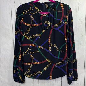 Lauren Ralph Lauren Equestrian Chain Print Blouse Gold Hardware Size M Old Money